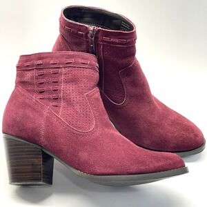 Market & Spruce Burgandy Suede Leather Block Heel Ankle Booties Boots Size 8.5